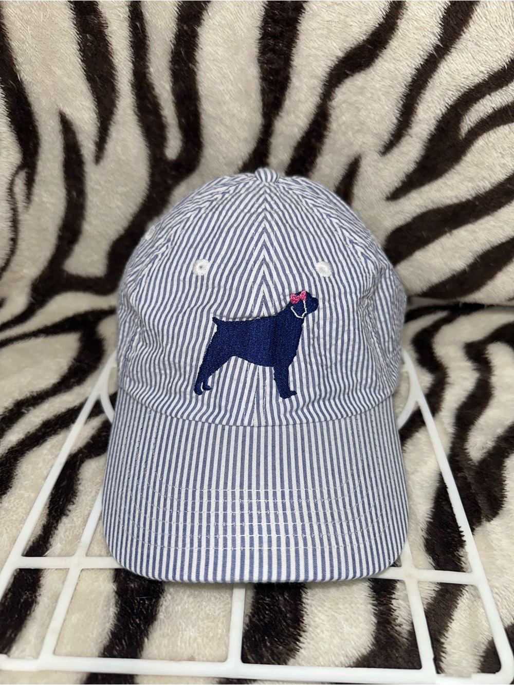 Blue & white Striped Hat with Dog Silhouette